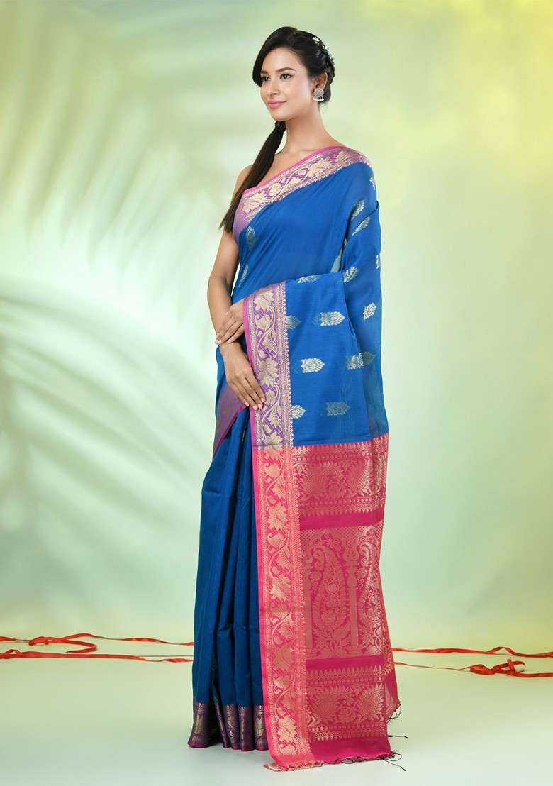 Blue Woven Cotton Blend Saree Set for Diwali and Festive Wear - Indya