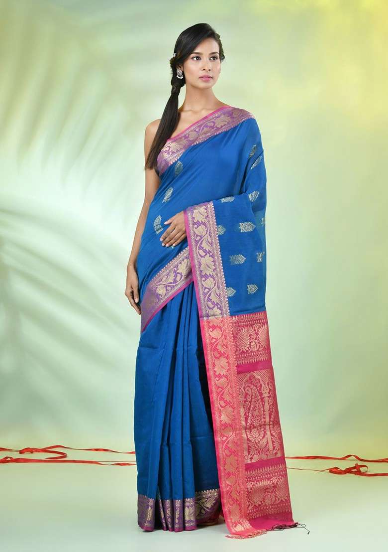 Blue Woven Cotton Blend Saree Set for Diwali and Festive Wear - Indya