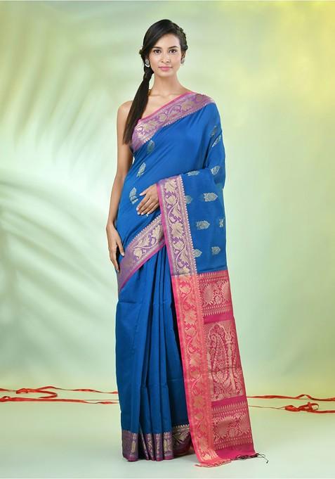 Blue Woven Cotton Blend Saree Set