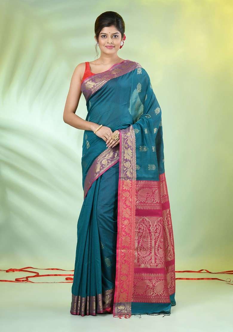 Teal Blue Ethnic Motifs Cotton Blend Saree Set for Diwali and Festive Wear - Indya