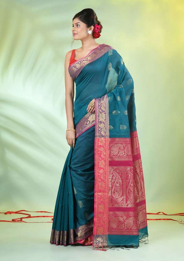 Teal Blue Ethnic Motifs Cotton Blend Saree Set for Diwali and Festive Wear - Indya