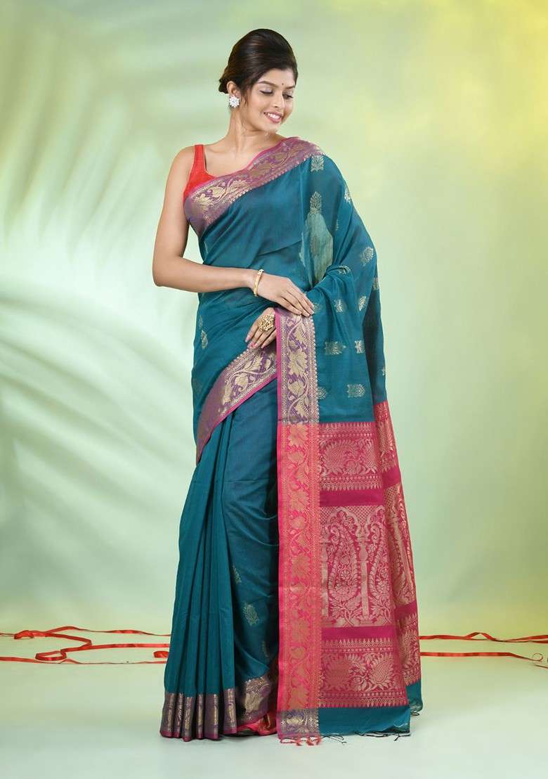 Teal Blue Ethnic Motifs Cotton Blend Saree Set for Diwali and Festive Wear - Indya