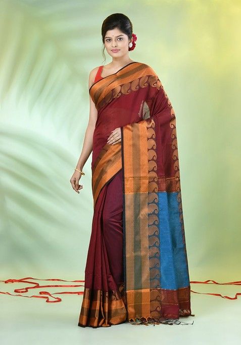 Red Zari Cotton Blend Saree Set