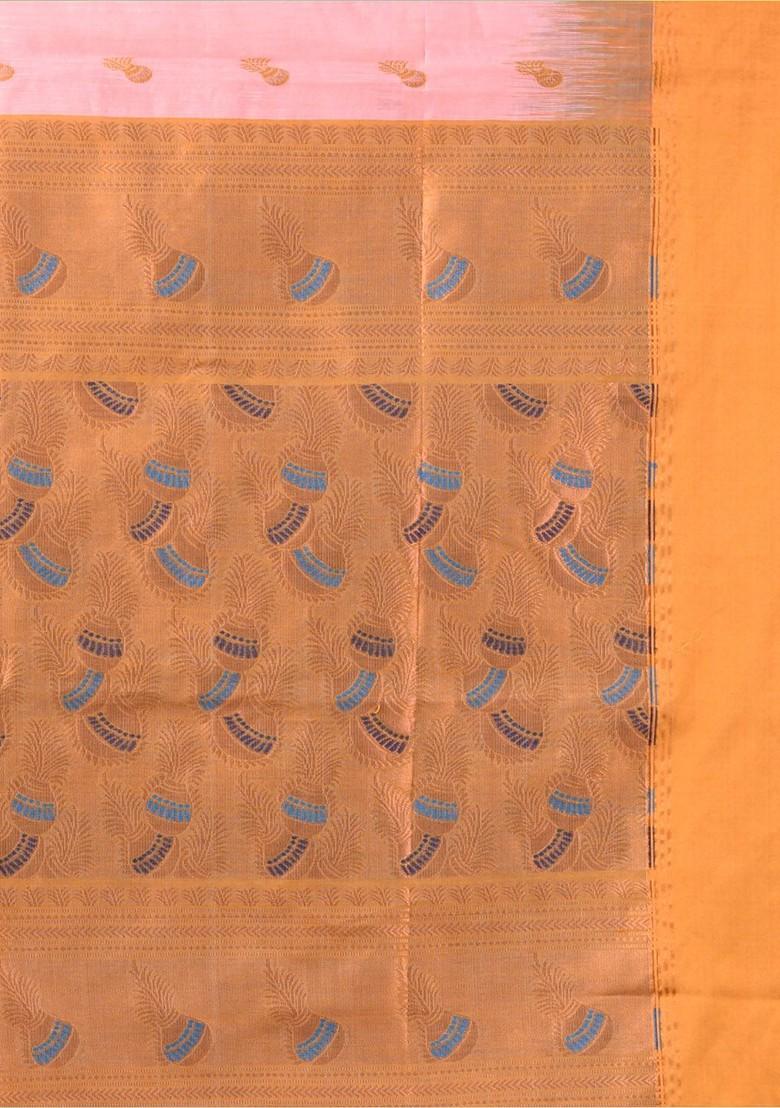 Peach Ethnic Motifs Cotton Blend Saree Set