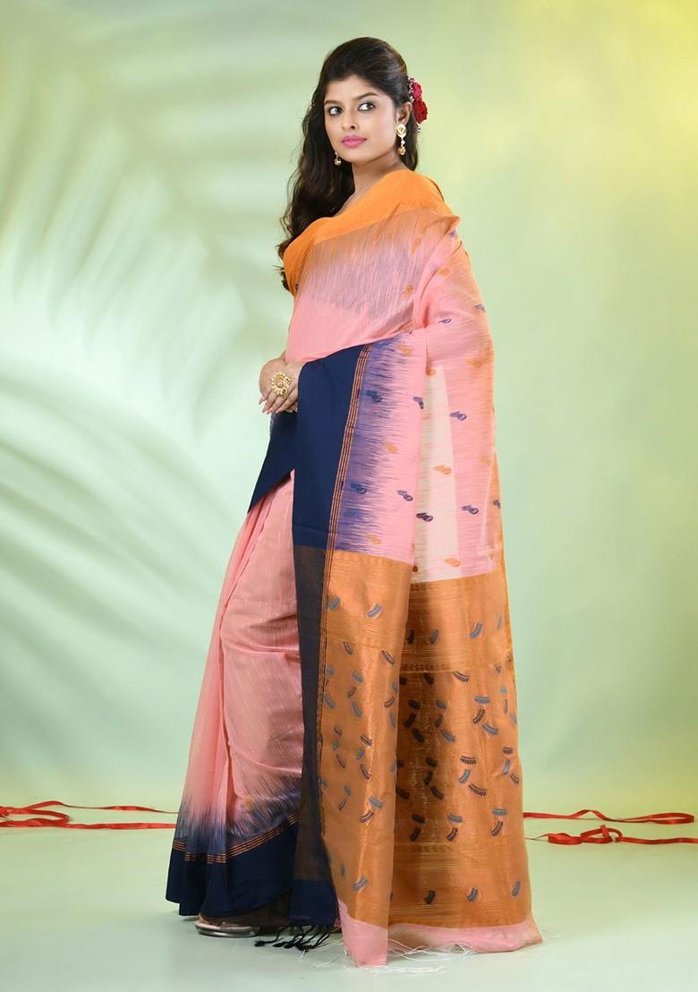 Peach Ethnic Motifs Cotton Blend Saree Set