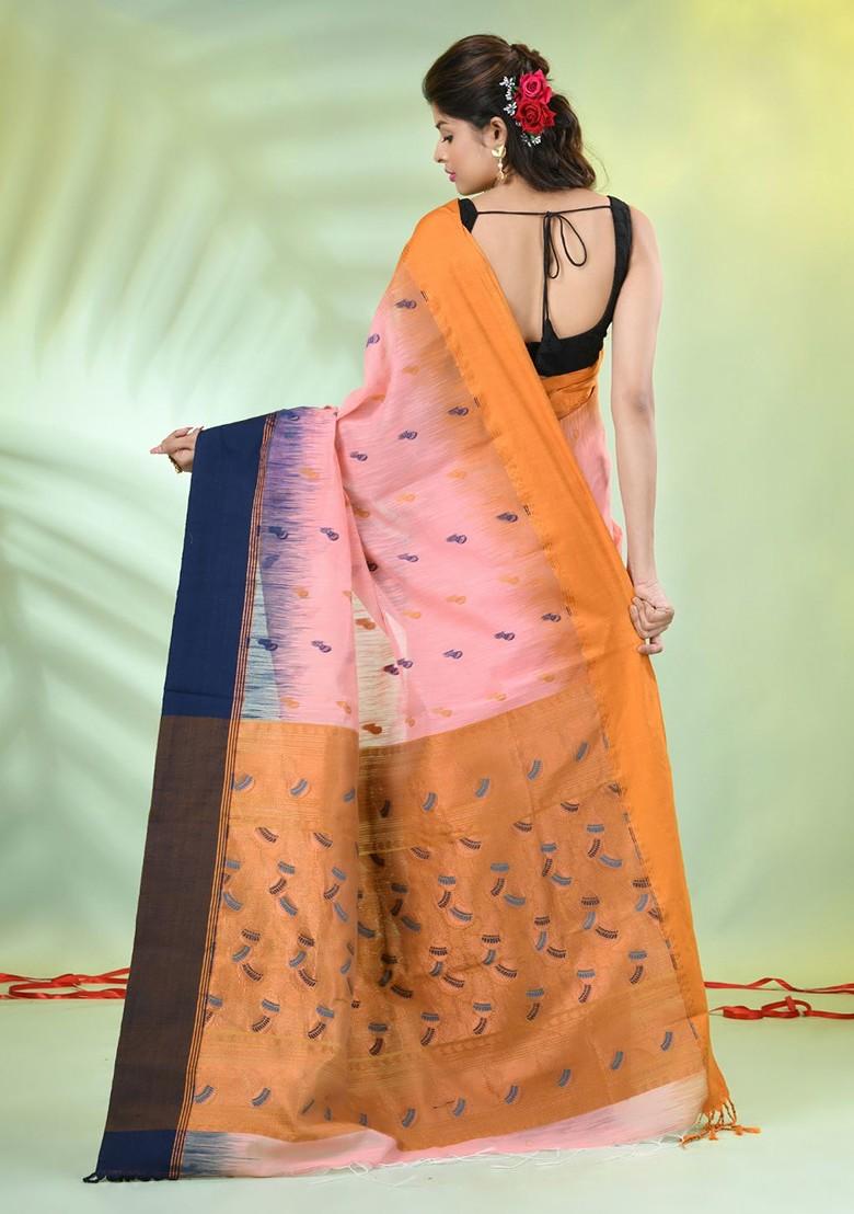 Peach Ethnic Motifs Cotton Blend Saree Set