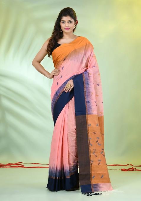 Peach Ethnic Motifs Cotton Blend Saree Set