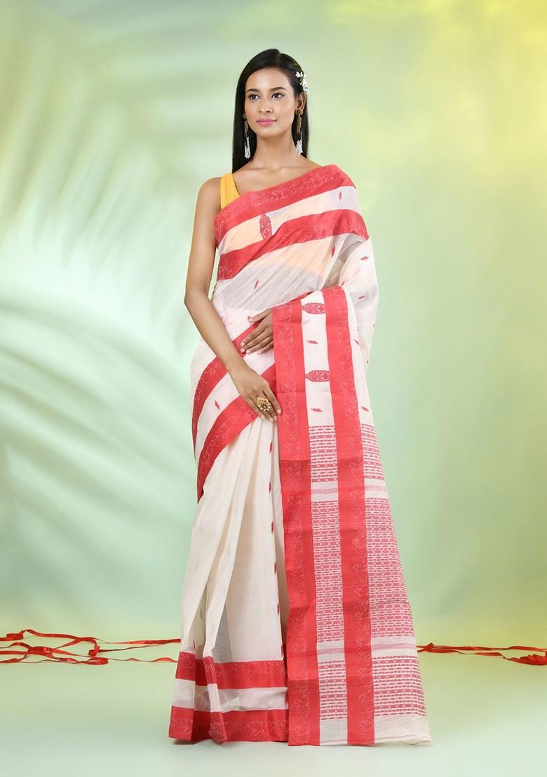 Off White Ethnic Motifs Cotton Saree Set