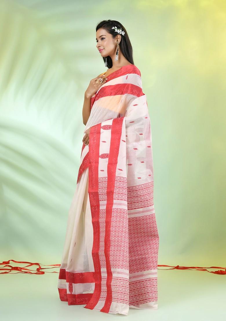 Off White Ethnic Motifs Cotton Saree Set