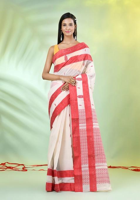 Off White Ethnic Motifs Cotton Saree Set