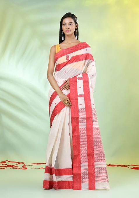 Off White Ethnic Motifs Cotton Saree Set