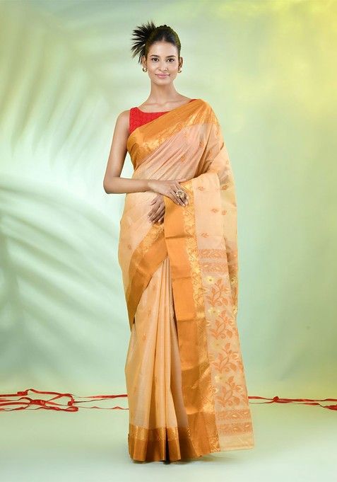 Beige Ethnic Motifs Tussar Silk Saree Set