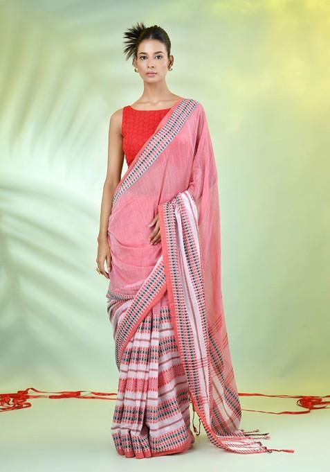 Pink Woven Cotton Saree Set