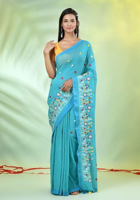 Blue Floral Print Cotton Saree Set