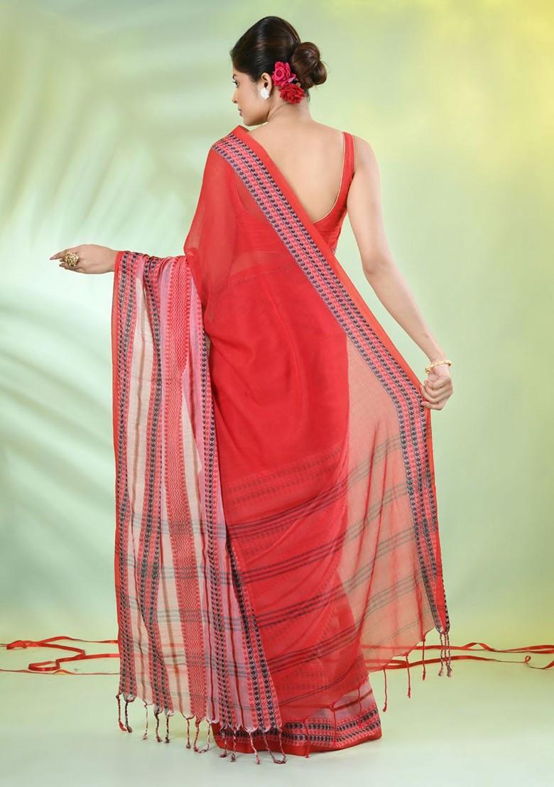 Red Ethnic Motifs Cotton Saree Set