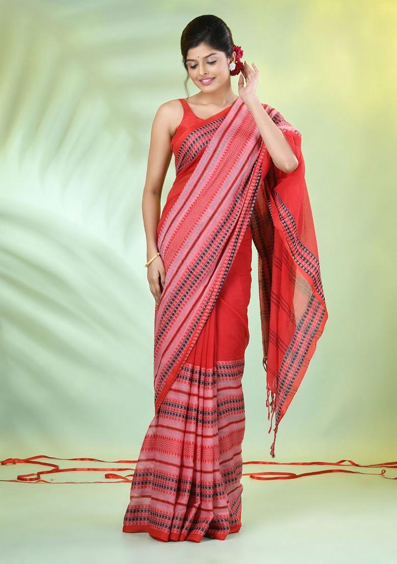 Red Ethnic Motifs Cotton Saree Set