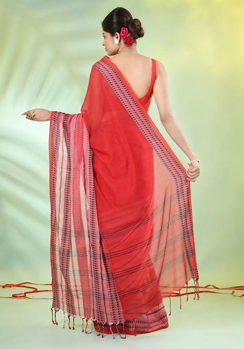Red Ethnic Motifs Cotton Saree Set