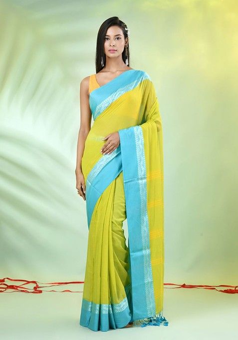 Lime Green Solid Cotton Saree Set