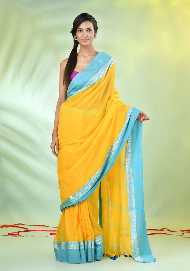Yellow Solid Cotton Saree Set for Diwali and Festive Wear - Indya