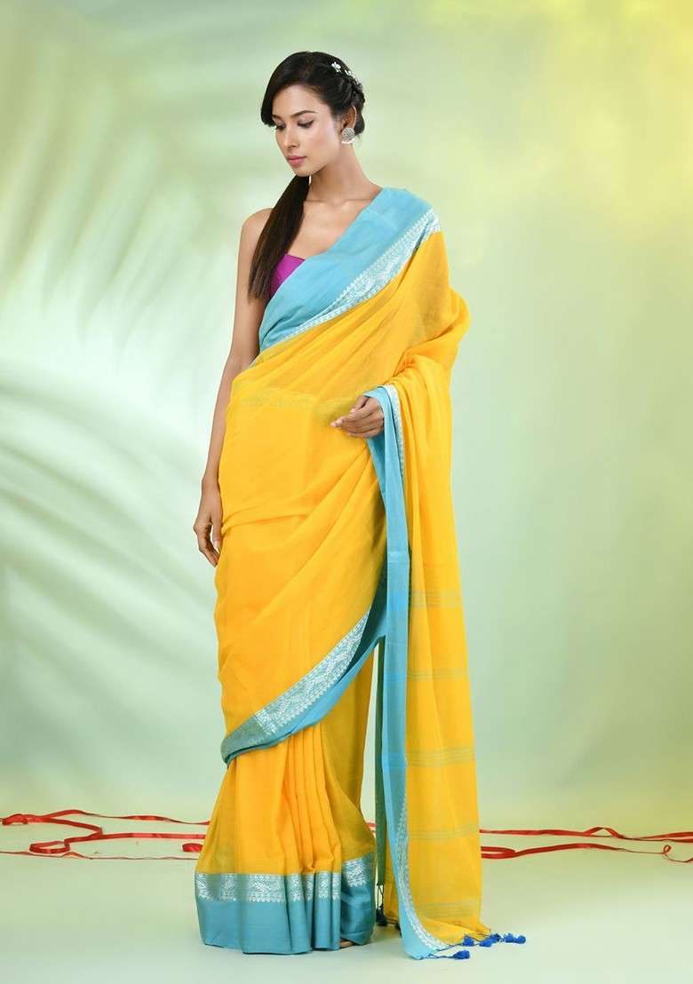 Yellow Solid Cotton Saree Set for Diwali and Festive Wear - Indya