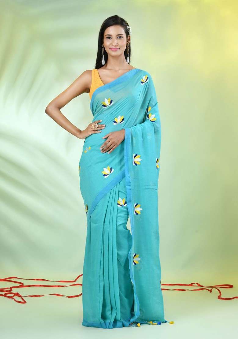 Sea Green Floral Print Cotton Handspun Saree Set for Diwali and Festive Wear - Indya