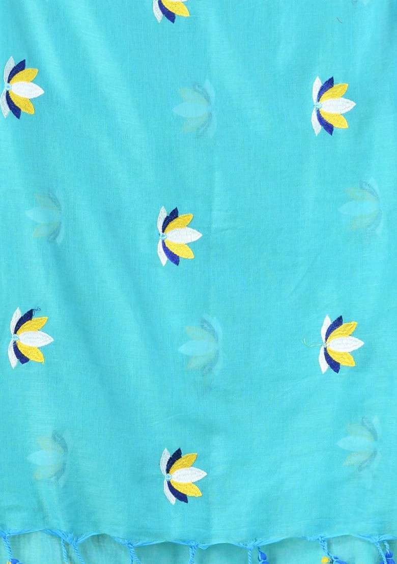 Sea Green Floral Print Cotton Handspun Saree Set for Diwali and Festive Wear - Indya