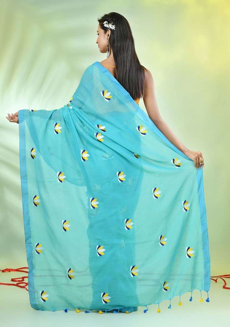 Sea Green Floral Print Cotton Handspun Saree Set for Diwali and Festive Wear - Indya