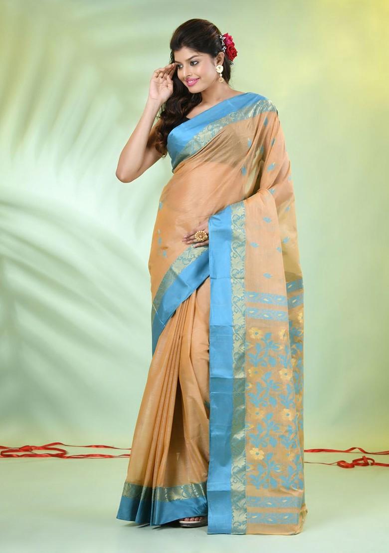 Beige Ethnic Motifs Tussar Silk Saree Set