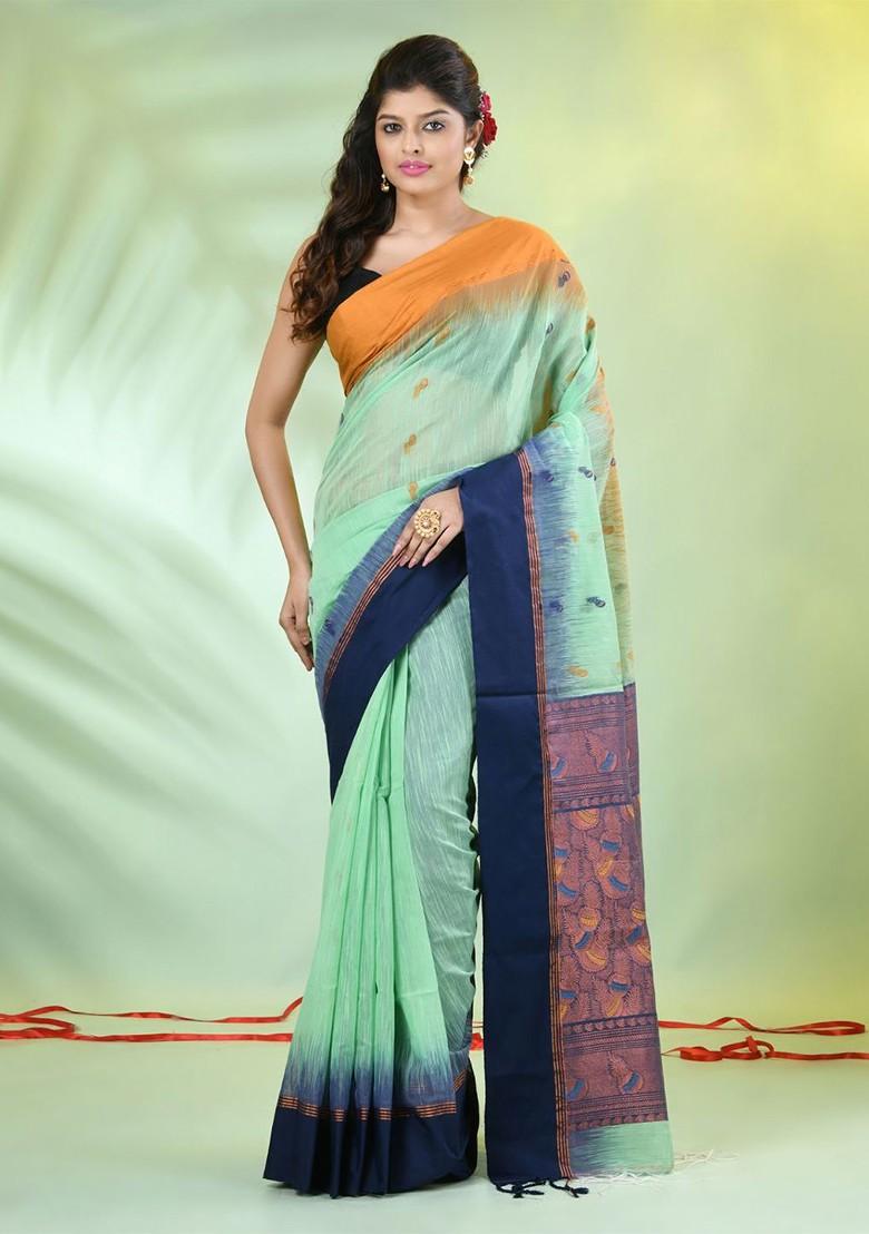 Green Ethnic Motifs Cotton Blend Saree Set