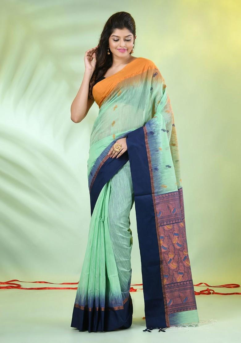 Green Ethnic Motifs Cotton Blend Saree Set