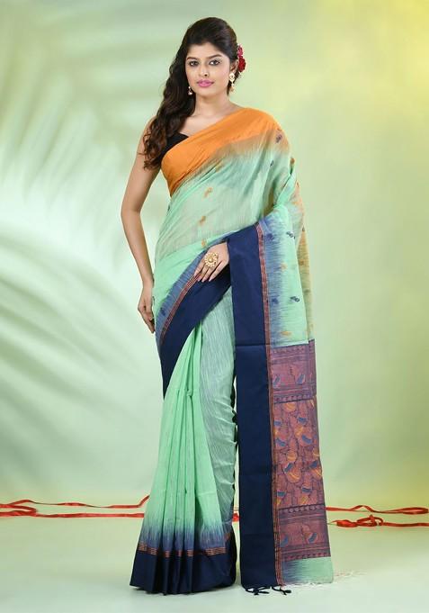 Green Ethnic Motifs Cotton Blend Saree Set