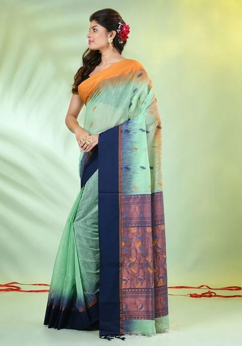 Green Ethnic Motifs Cotton Blend Saree Set