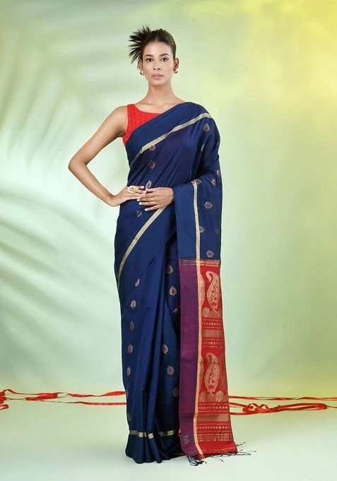 Navy Blue Ethnic Motifs Cotton Blend Saree Set