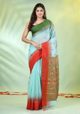 Sea Green Ethnic Motifs Cotton Blend Saree Set