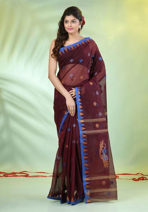 Maroon Floral Print Cotton Saree Set