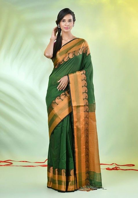 Green Zari Cotton Blend Saree Set