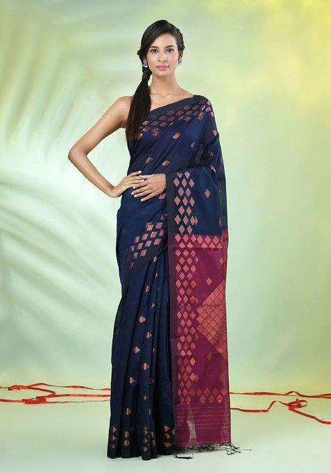 Navy Blue Woven Cotton Blend Saree Set