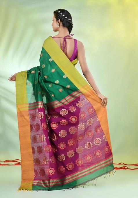 Green Ethnic Motifs Cotton Blend Saree Set