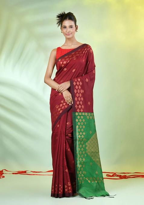 Maroon Zari Cotton Blend Saree Set