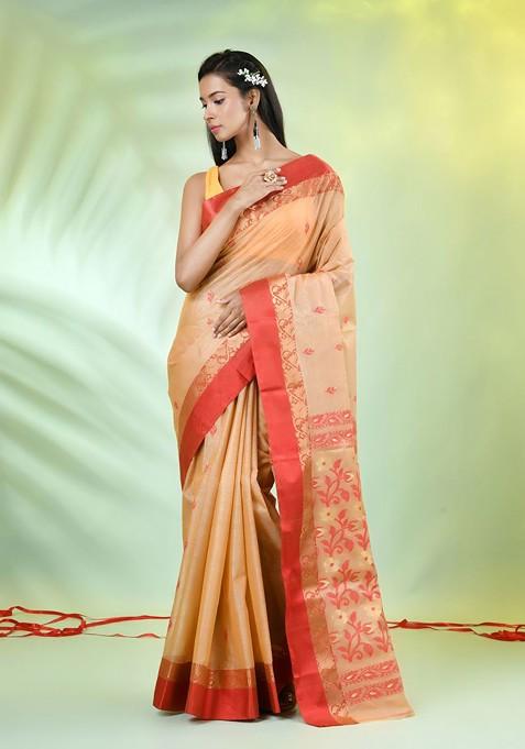 Beige Ethnic Motifs Tussar Silk Saree Set
