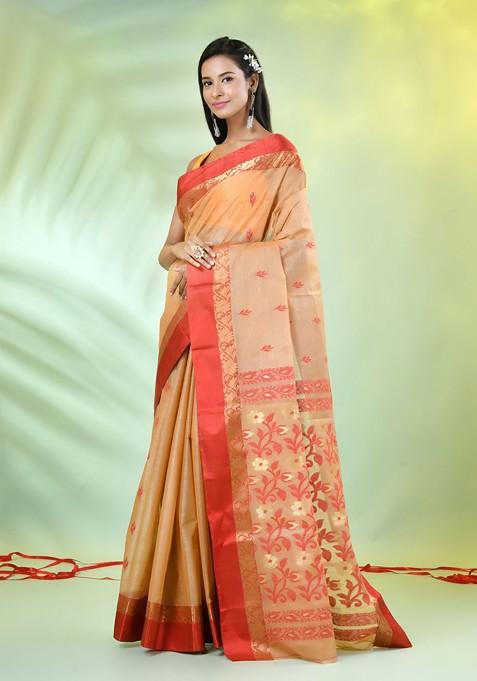 Beige Ethnic Motifs Tussar Silk Saree Set