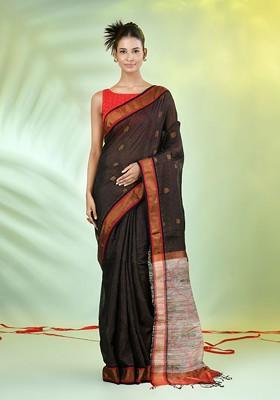 Black Woven Cotton Blend Saree Set