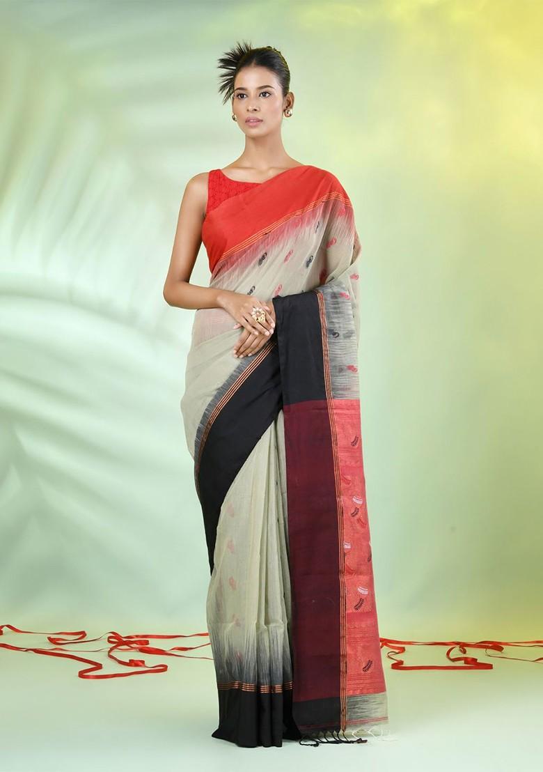 Green Printed Cotton Blend Saree Set