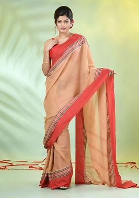 Beige Solid Cotton Saree Set