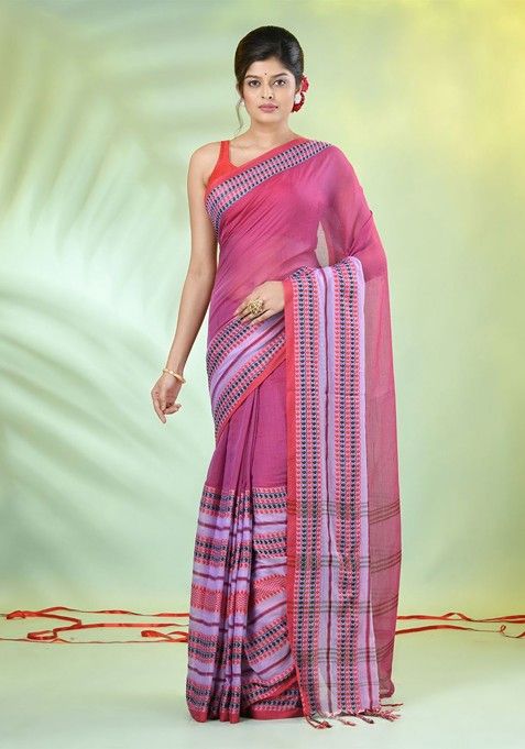 Violet Solid Cotton Saree Set