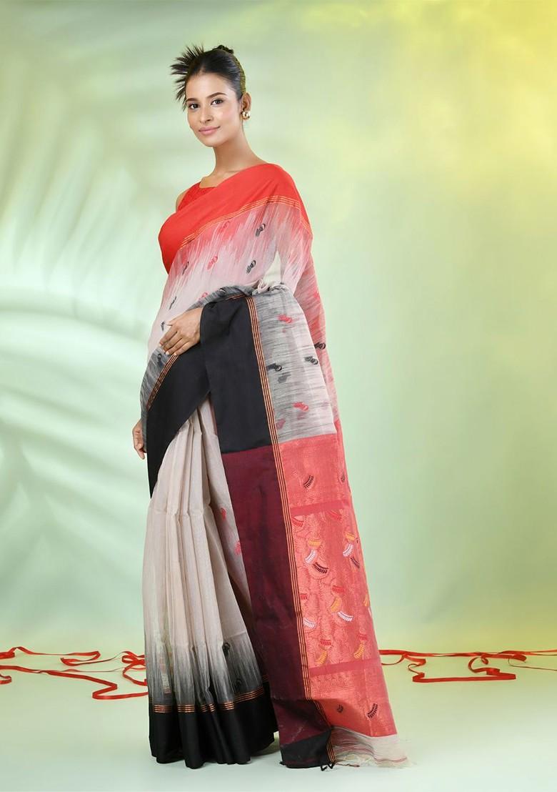 Beige Ethnic Motifs Cotton Blend Saree Set