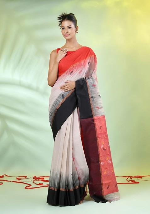 Beige Ethnic Motifs Cotton Blend Saree Set