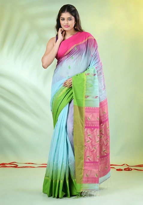 Sea Green Printed Cotton Blend Saree Set