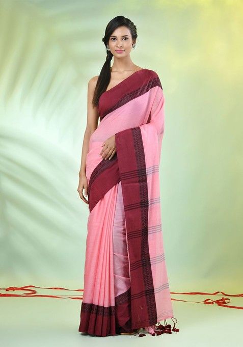 Pink Solid Cotton Saree Set