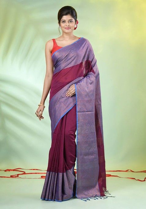 Purple Zari Cotton Blend Saree Set